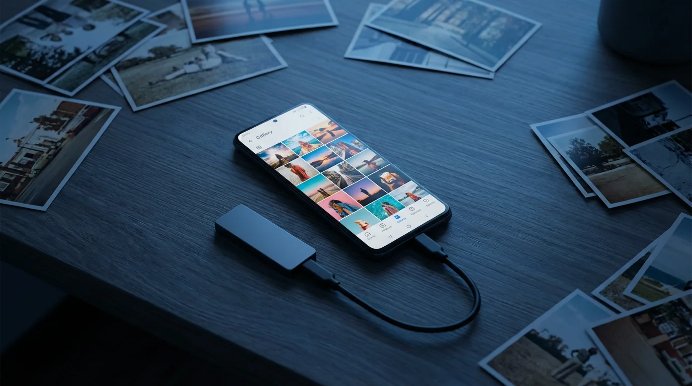 High angle shot of a smartphone, external drive, and printed photos on a desk.