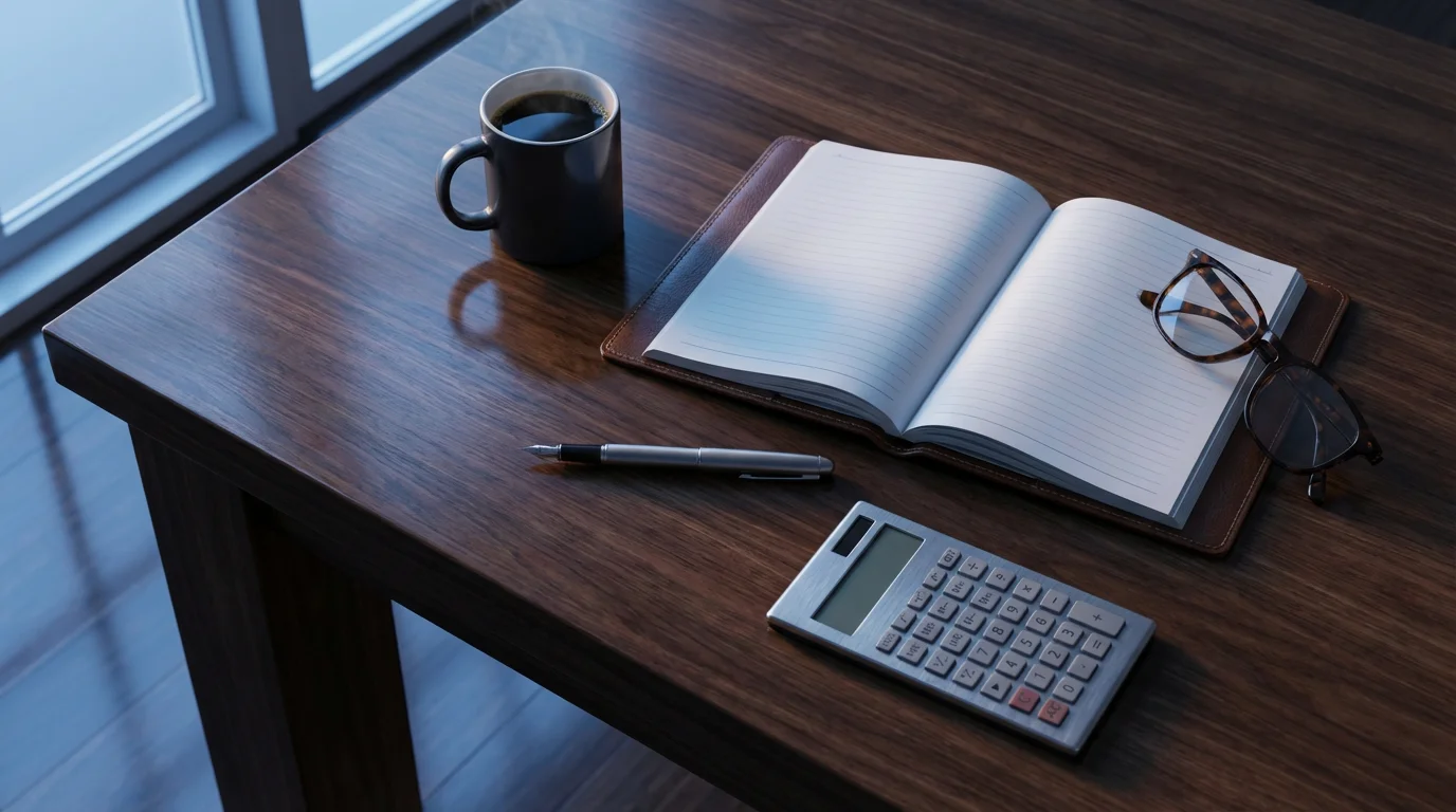 High angle view of a desk with a notebook, pen, calculator, and coffee.