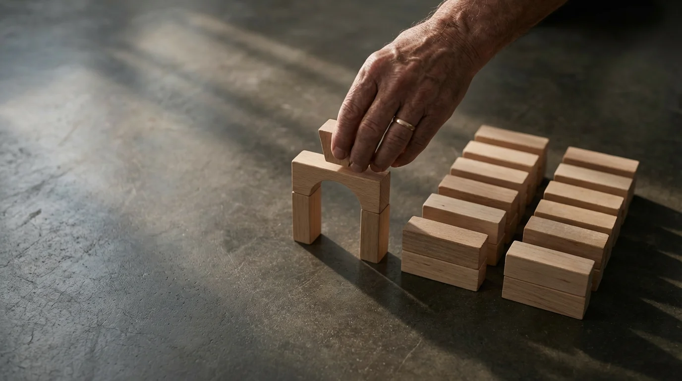 High angle view of a hand building a small wooden block arch on concrete.
