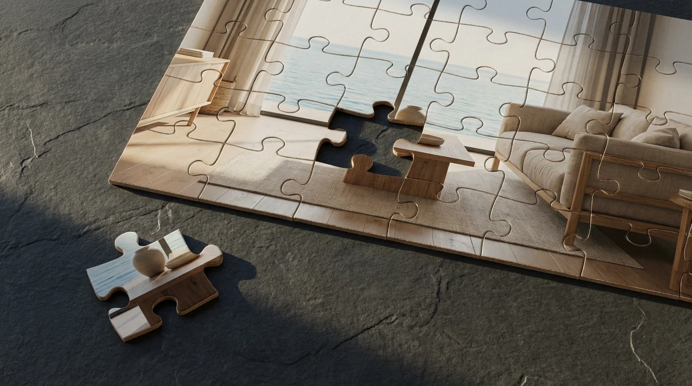 High angle view of a jigsaw puzzle with one crucial piece missing, representing planning.