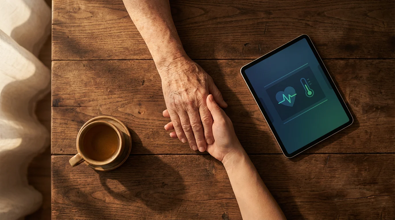 High angle view of a young hand holding an elderly hand beside a tablet.