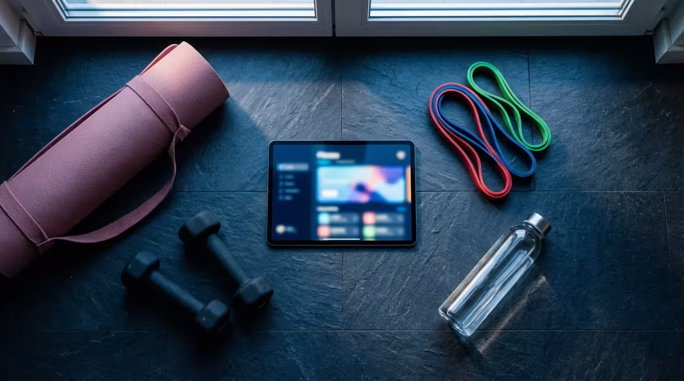 High angle view of home fitness equipment with a tablet arranged on a dark floor.