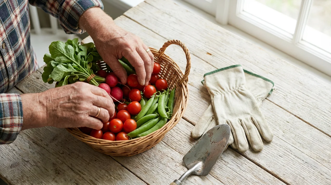 High angle view of senior's hands arranging fresh garden vegetables in a basket.