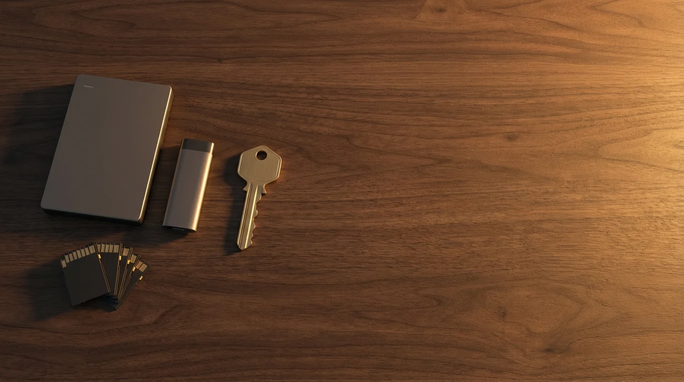 High angle view of storage devices like hard drives and a single brass key.