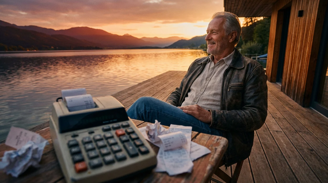 Low angle of a senior man on a deck at golden hour, old receipts blurred.