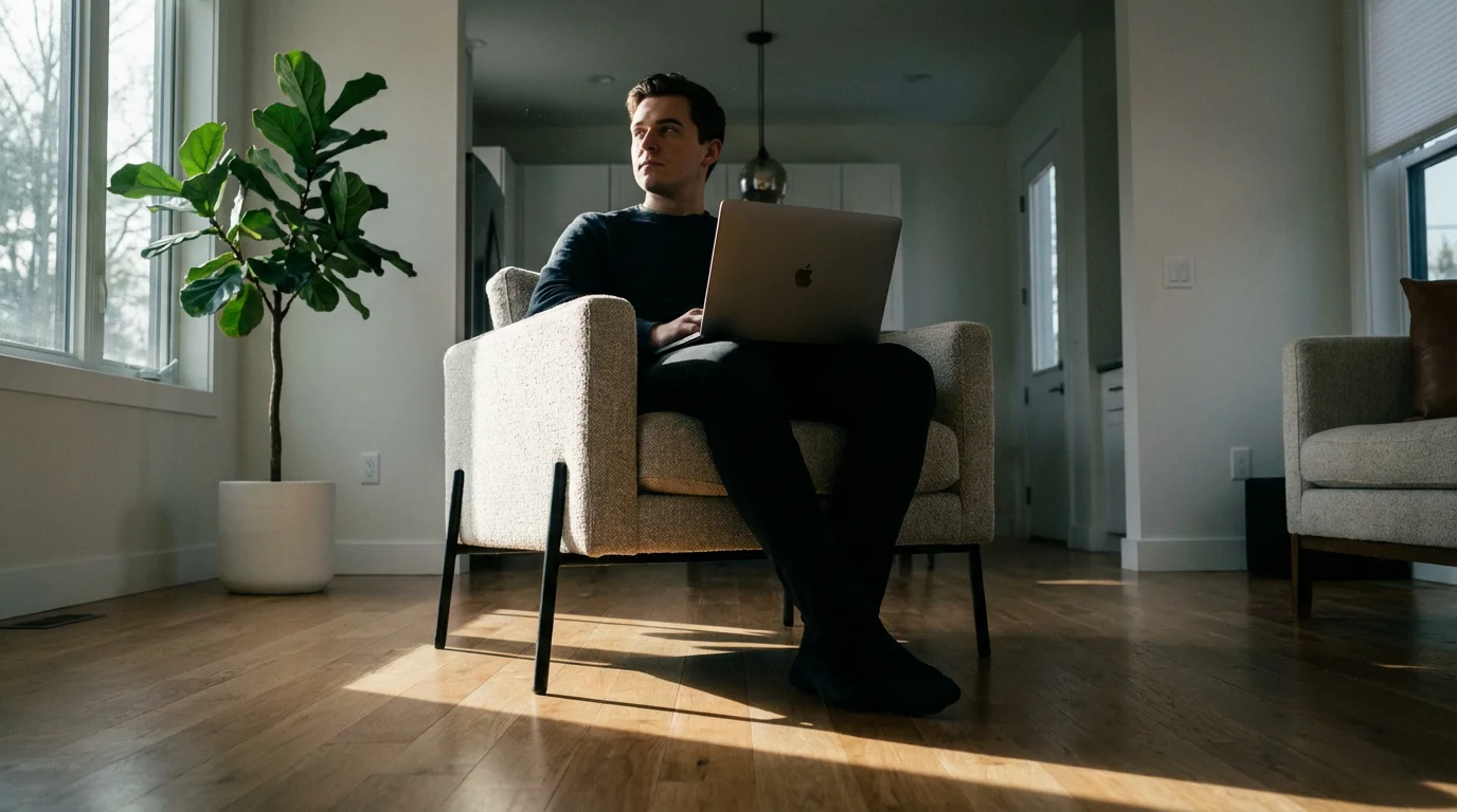 Low angle photo of a person sitting in an armchair with a laptop, afternoon shadows.