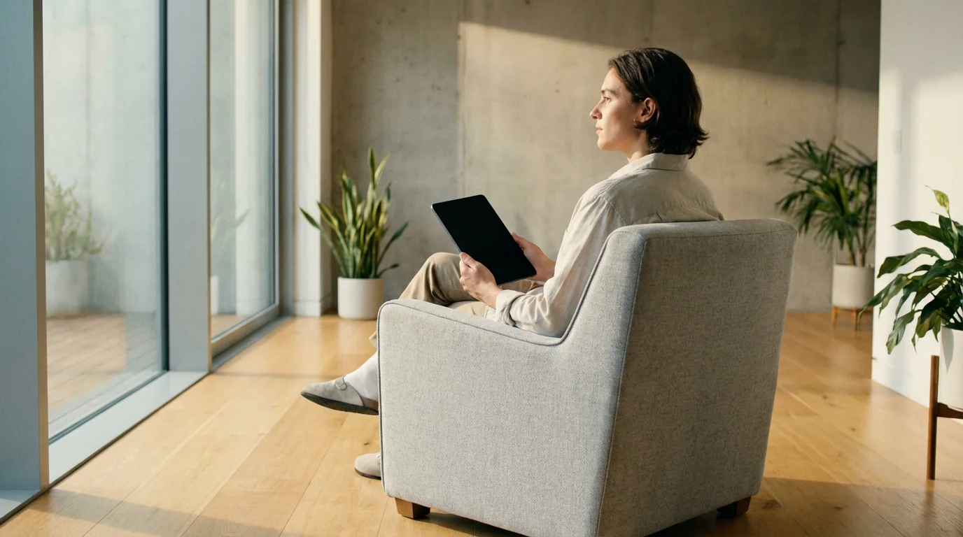 Low angle photo of a person sitting thoughtfully in an armchair by a window.