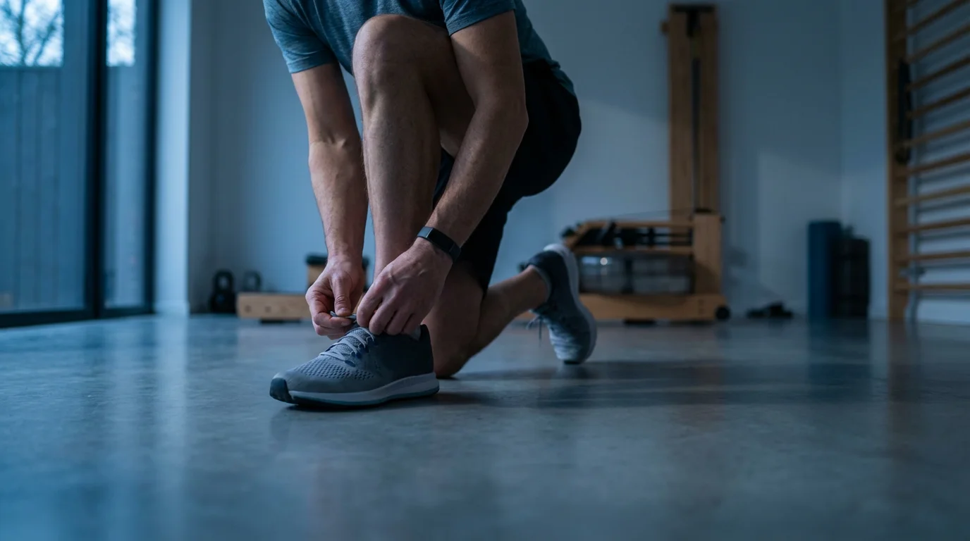 Low angle photo of a person with an activity tracker tying their running shoes.