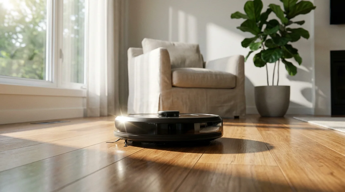 Low-angle photo of a robotic vacuum cleaning a sunlit hardwood floor in a modern home.