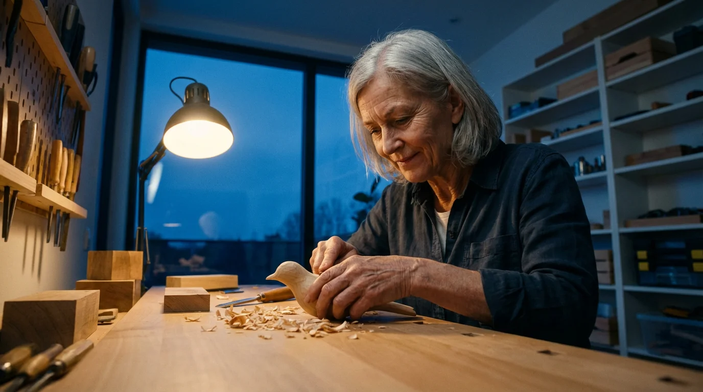 Low angle photo of a senior woman carving wood in her workshop at dusk.