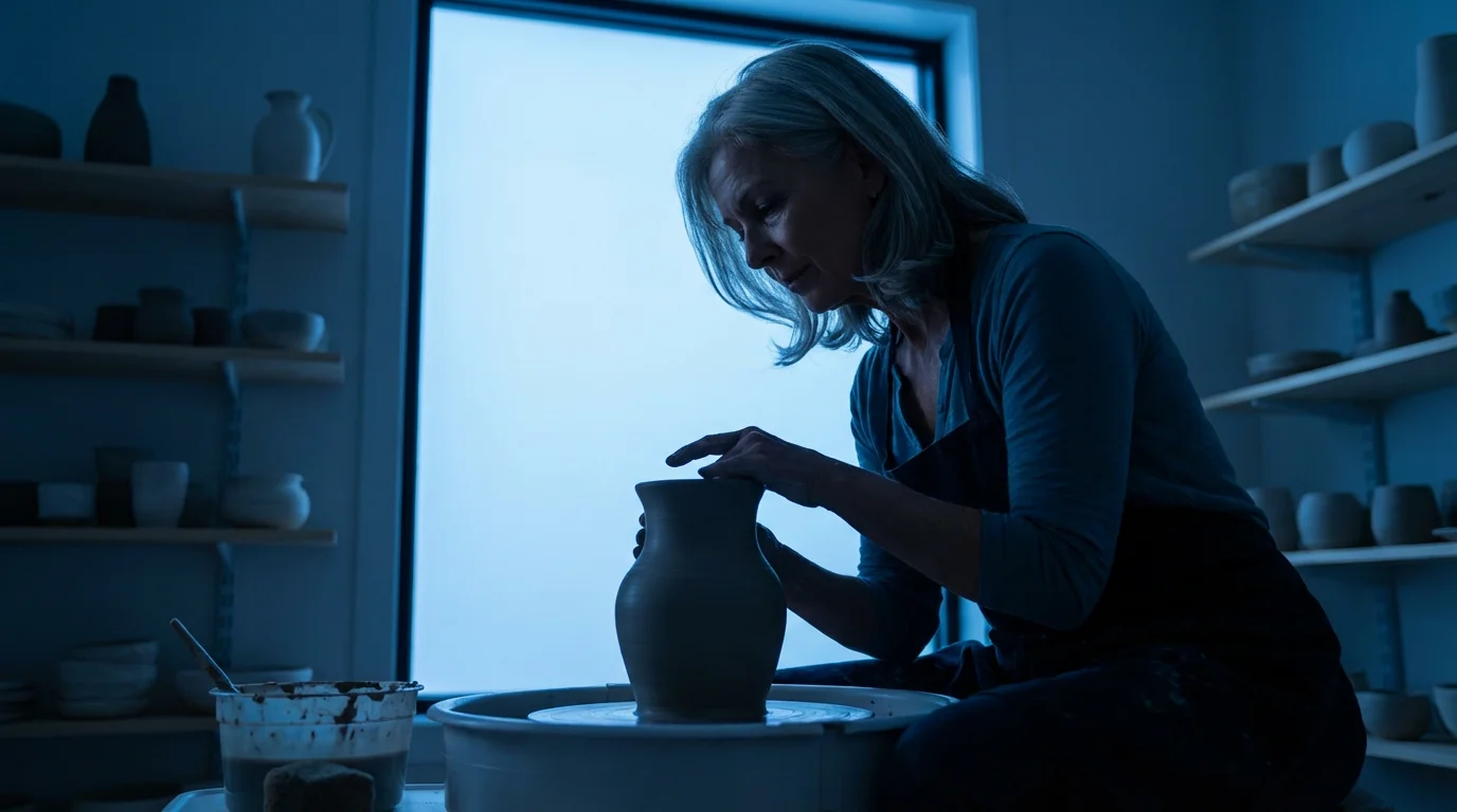 Low angle photo of a senior woman potter shaping clay during blue hour.