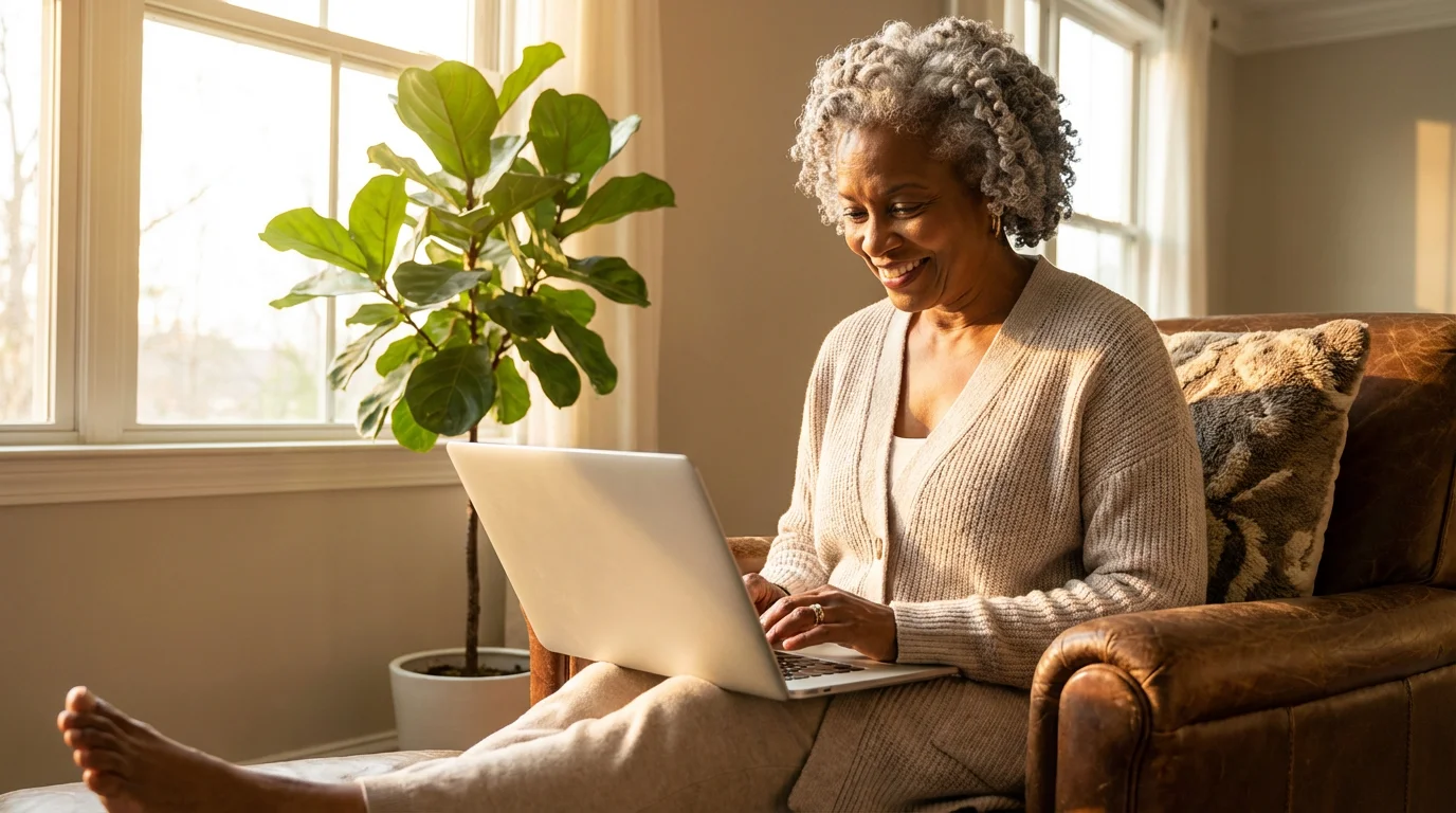 Low angle photo of a senior woman smiling, successfully using her laptop at home.