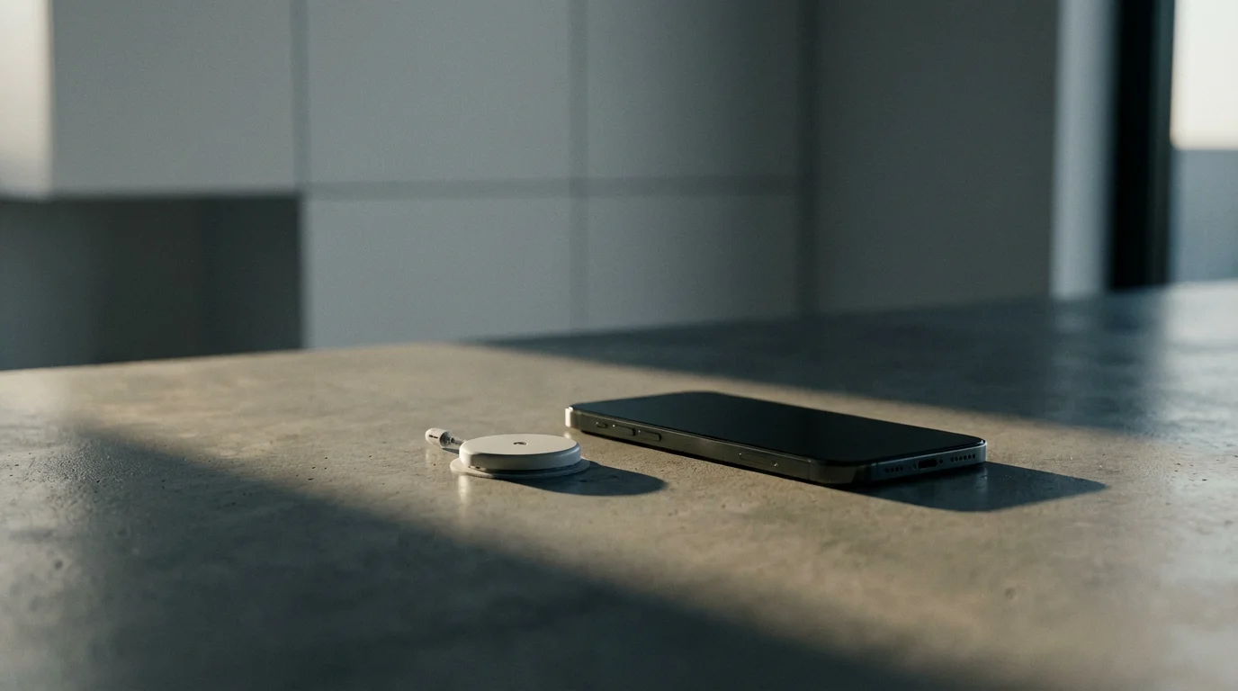 Low angle photo of a smartphone and CGM sensor on a concrete desk with long shadows.