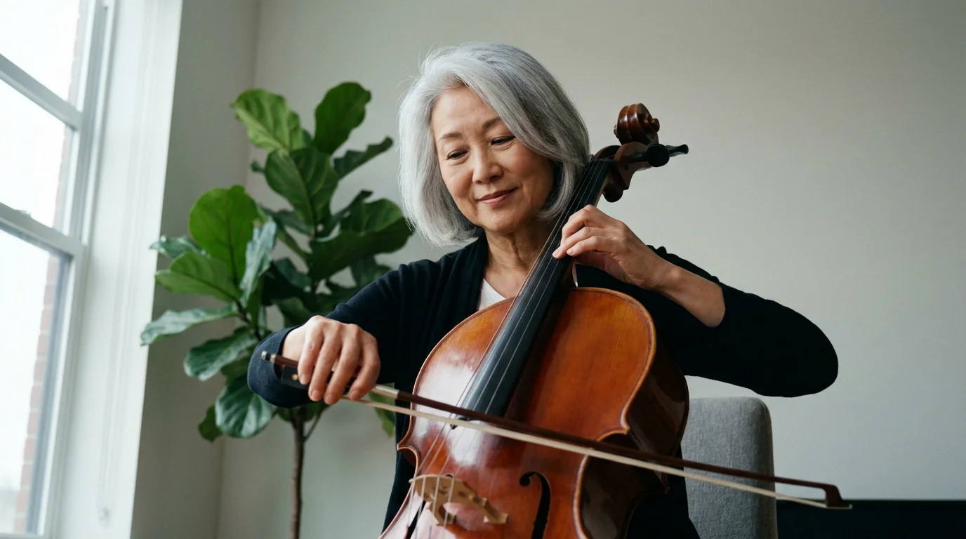 Low angle photo of an elegant senior woman learning to play the cello in a sunlit room.