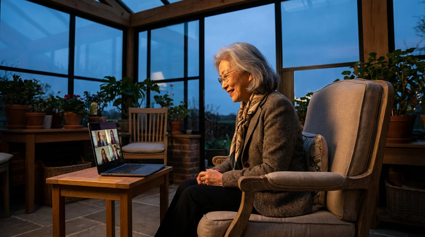 Low angle photo of an older woman smiling during a laptop video call at dusk.