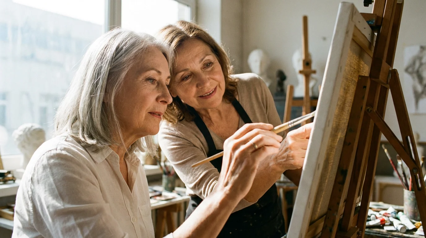 Low angle photo of two senior women connecting over painting in a sunlit art studio.