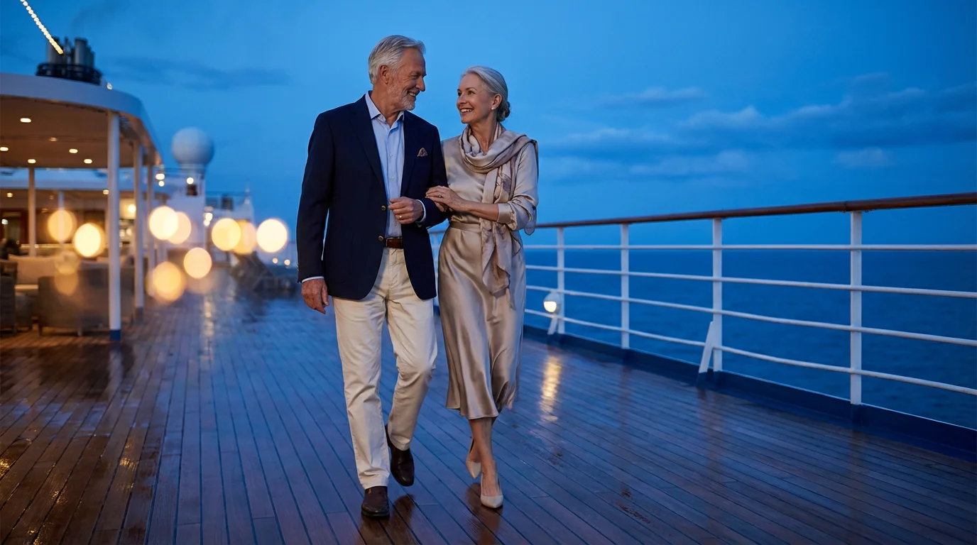 Low angle photograph of an elegant senior couple walking on a cruise ship deck.
