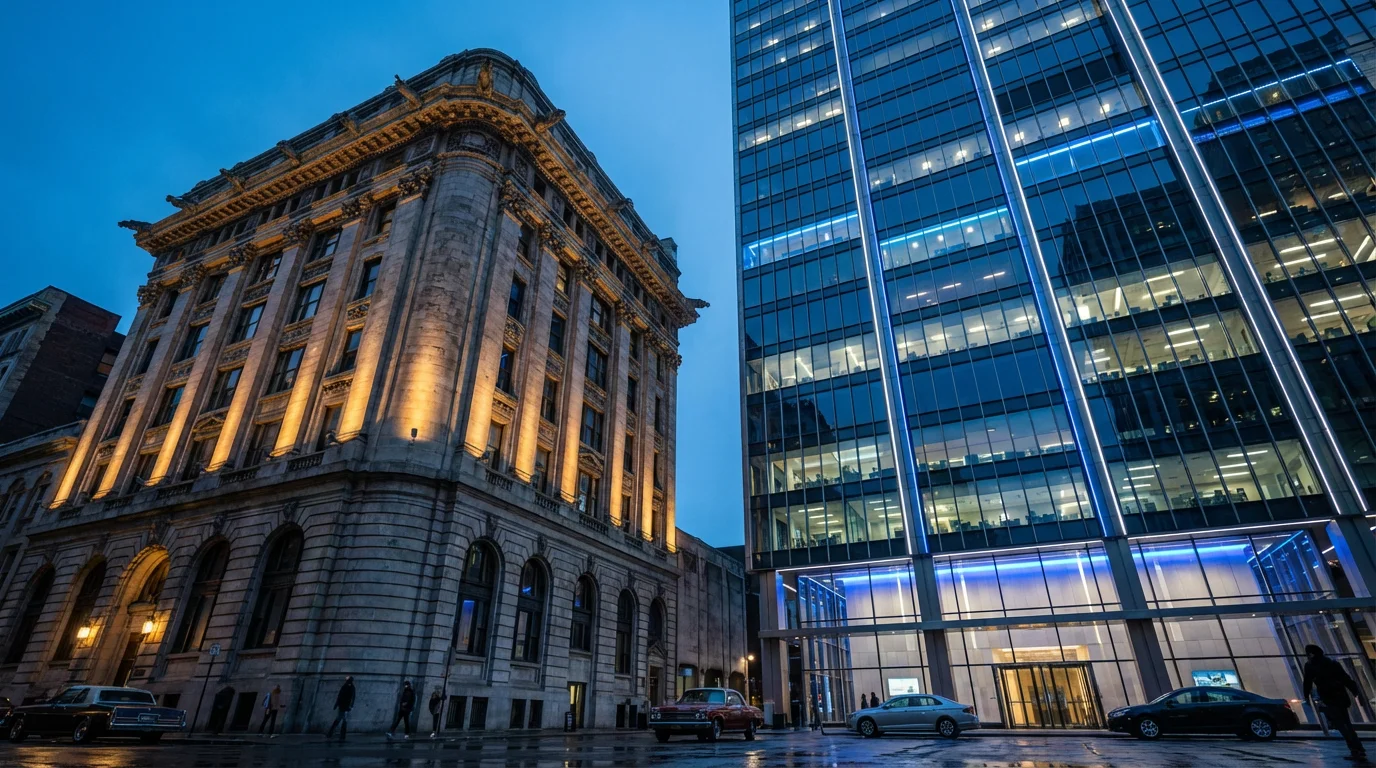 Low angle shot of a classic building next to a modern skyscraper at dusk.