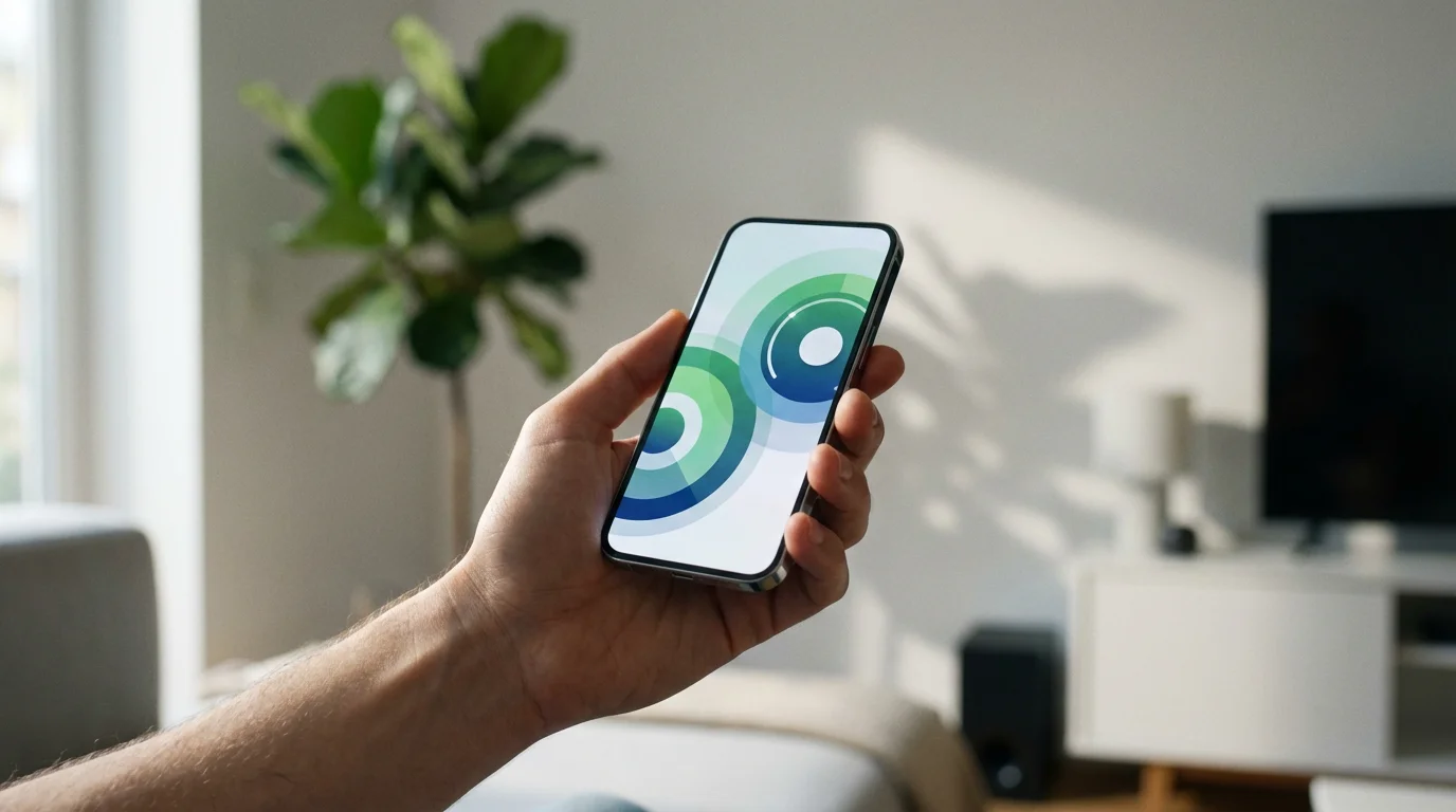 Low angle shot of a hand holding a smartphone with an abstract financial app.