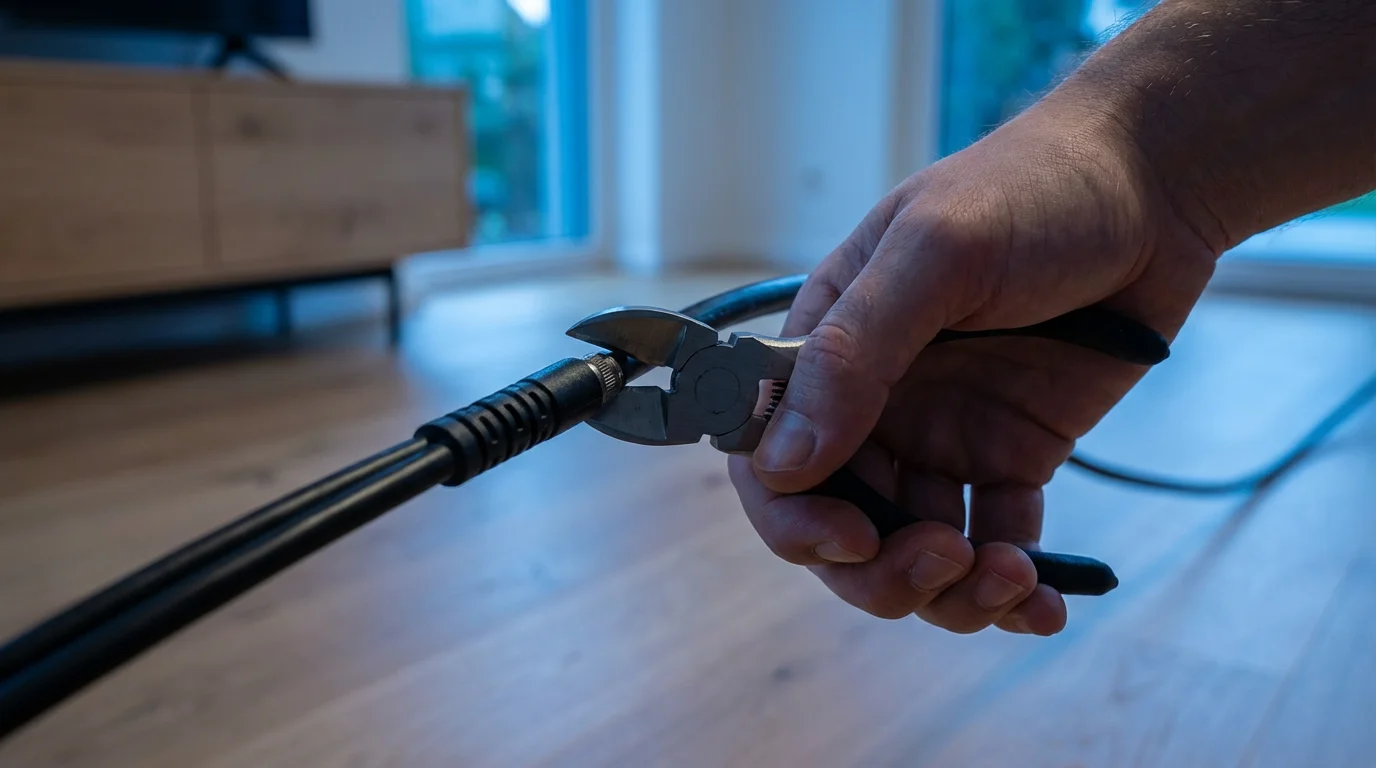 Low angle shot of a hand using wire cutters to cut a black coaxial cable.