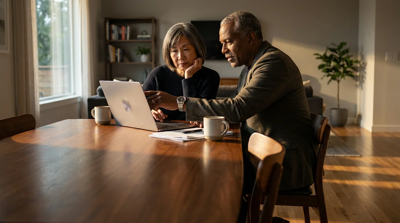 Low angle shot of a mature couple seriously planning their finances for retirement.