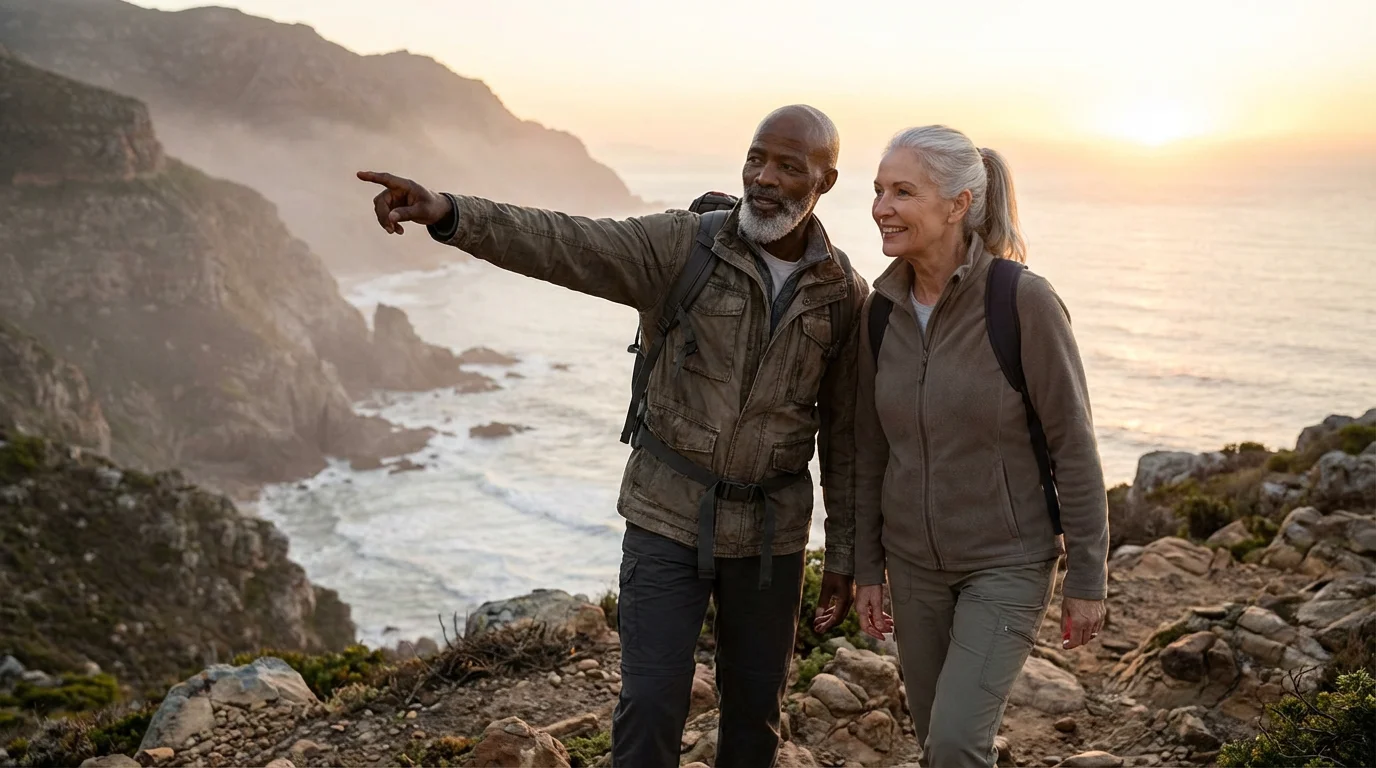 Low angle shot of a senior couple hiking on a scenic coastal trail at sunrise.