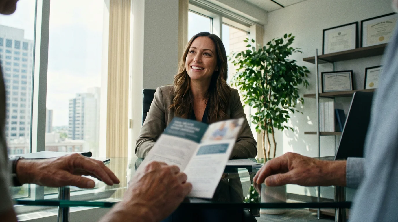 Low angle shot of a senior couple meeting with a financial advisor in a modern office.