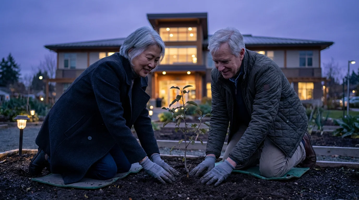 Low angle shot of a senior couple planting a small tree sapling at twilight.