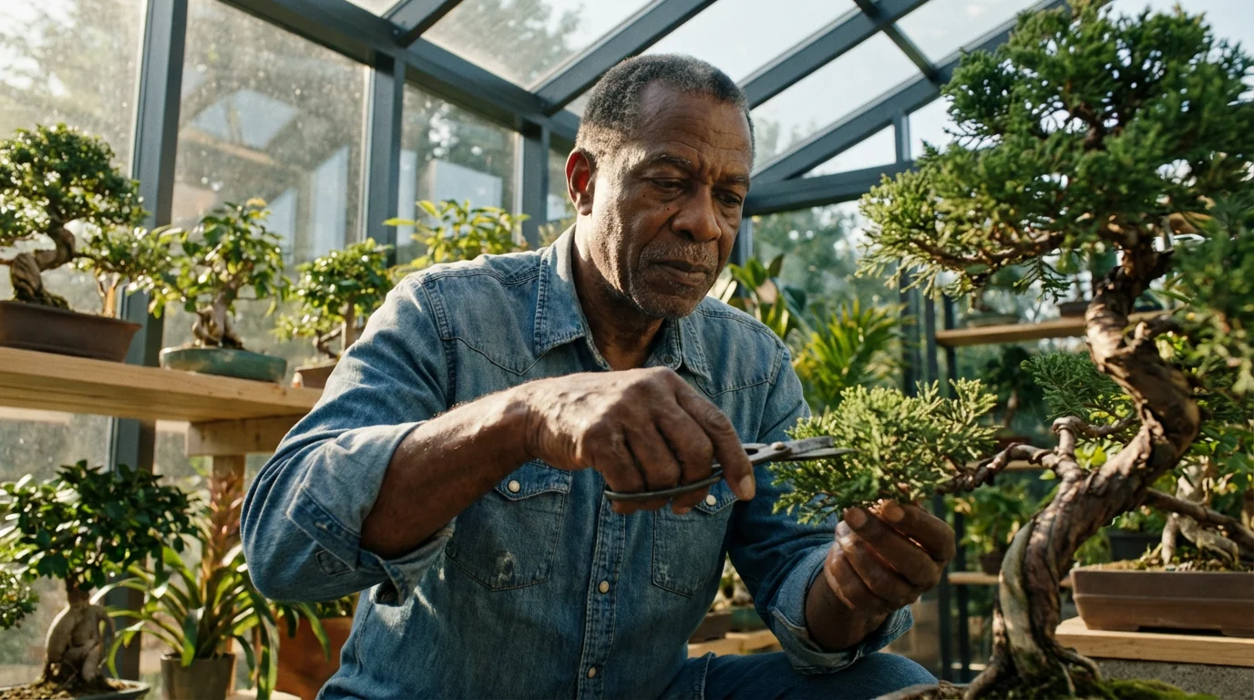 Low angle shot of a senior man carefully trimming a bonsai tree in a sunroom.
