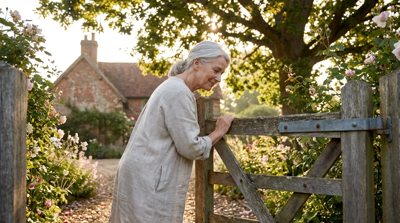 Low angle shot of a senior woman serenely closing a wooden gate to her garden.