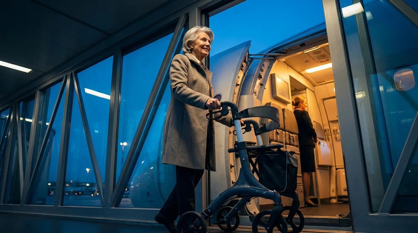 Low angle shot of a senior woman with a rollator walker boarding an airplane.