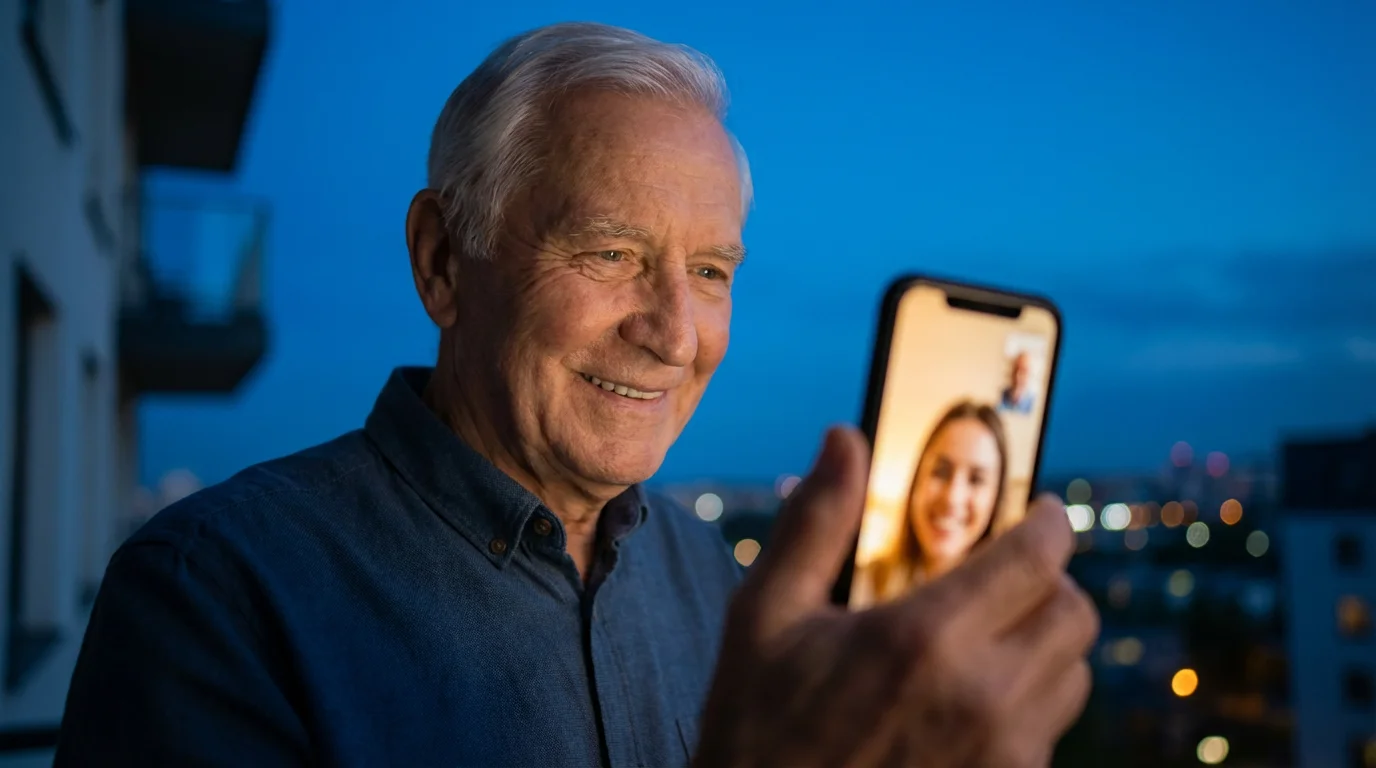 Low angle shot of an elderly man on a video call on his balcony at twilight.