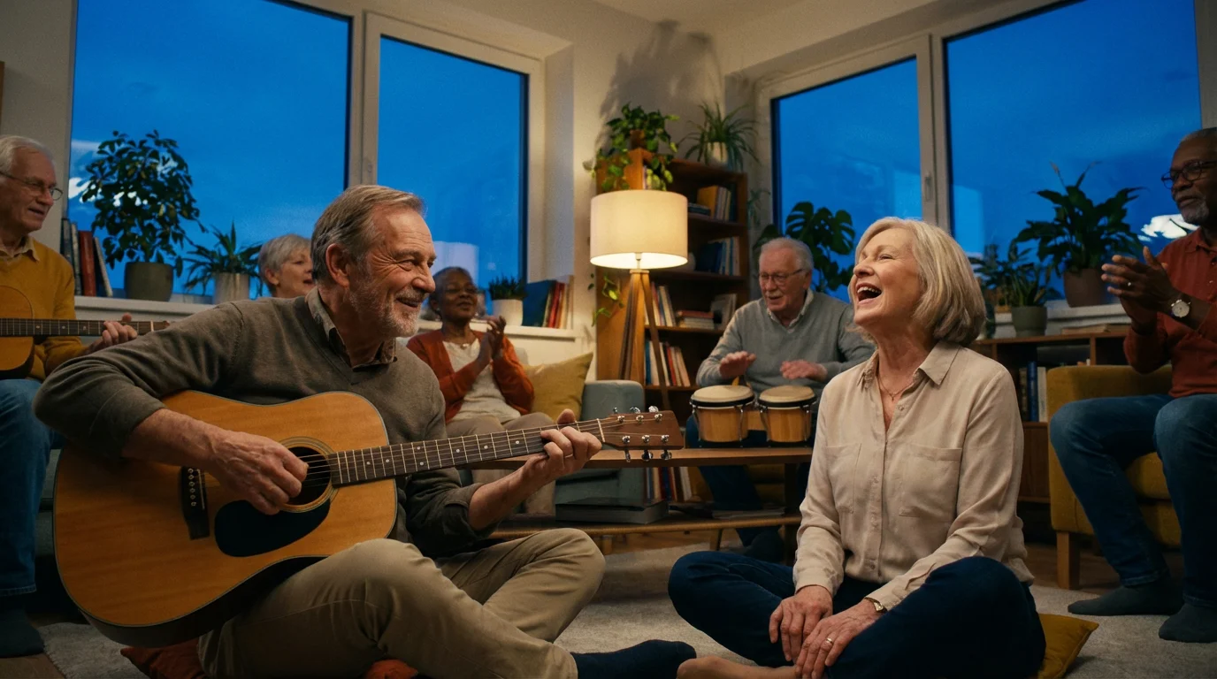 Low angle shot of diverse seniors playing music together in a group during evening.