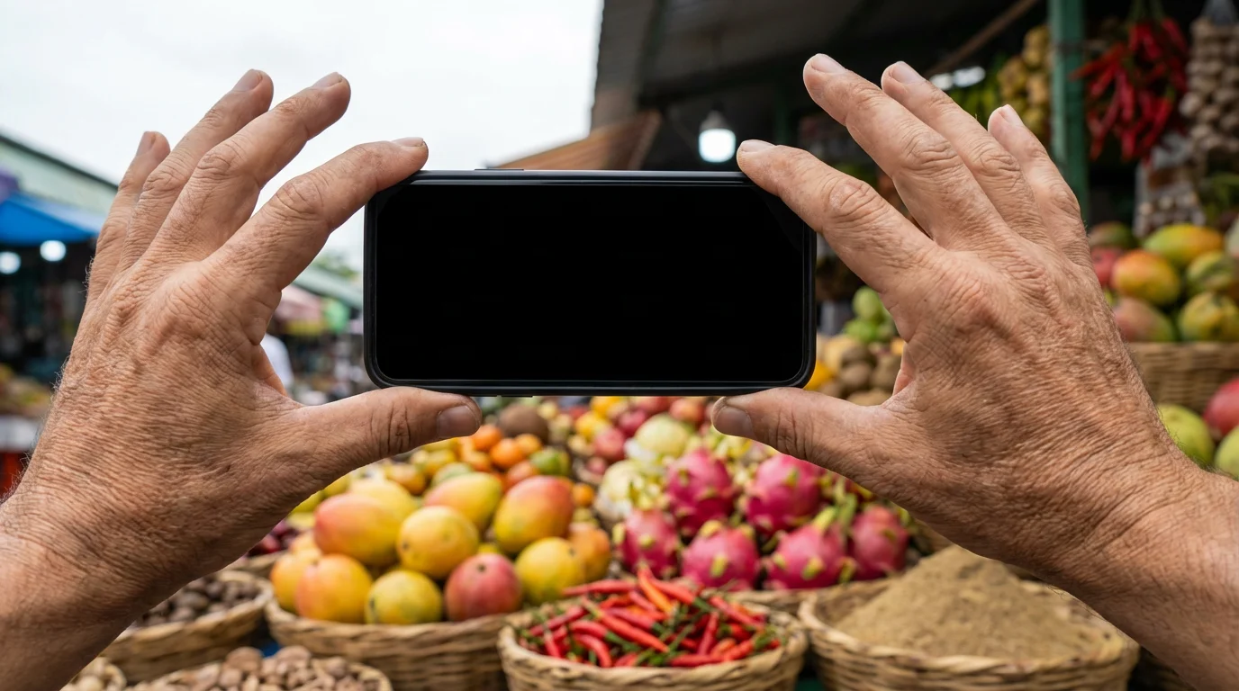 Low angle shot of hands holding a smartphone to photograph a colorful market stall.