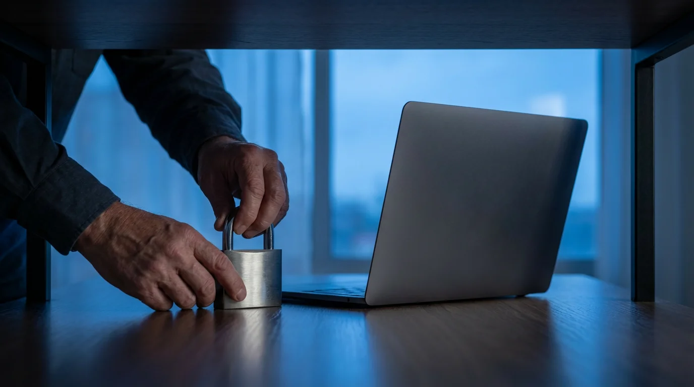 Low angle shot of hands placing a modern metal padlock next to a closed laptop.