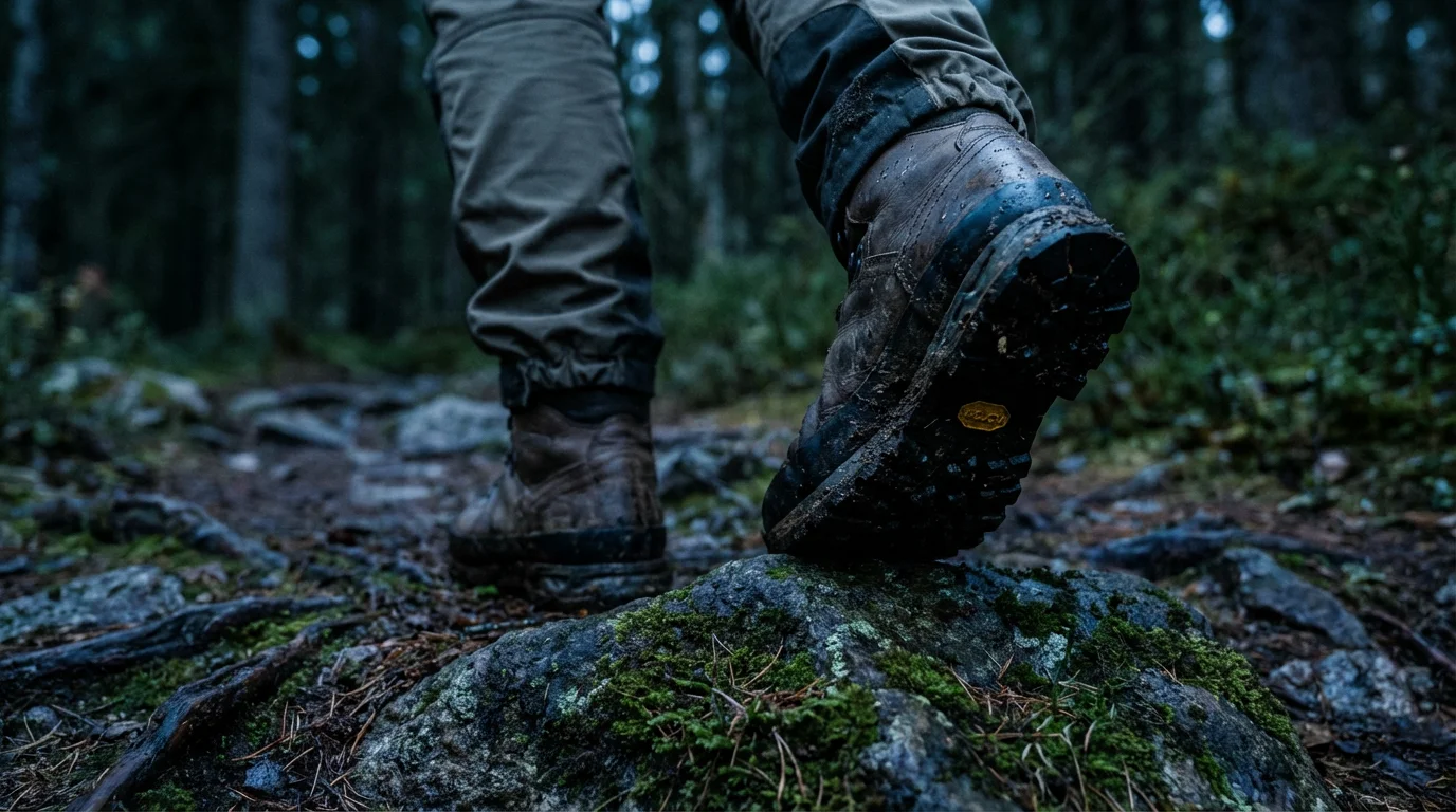 Low angle view of a senior hiker's boots on a rocky forest trail.