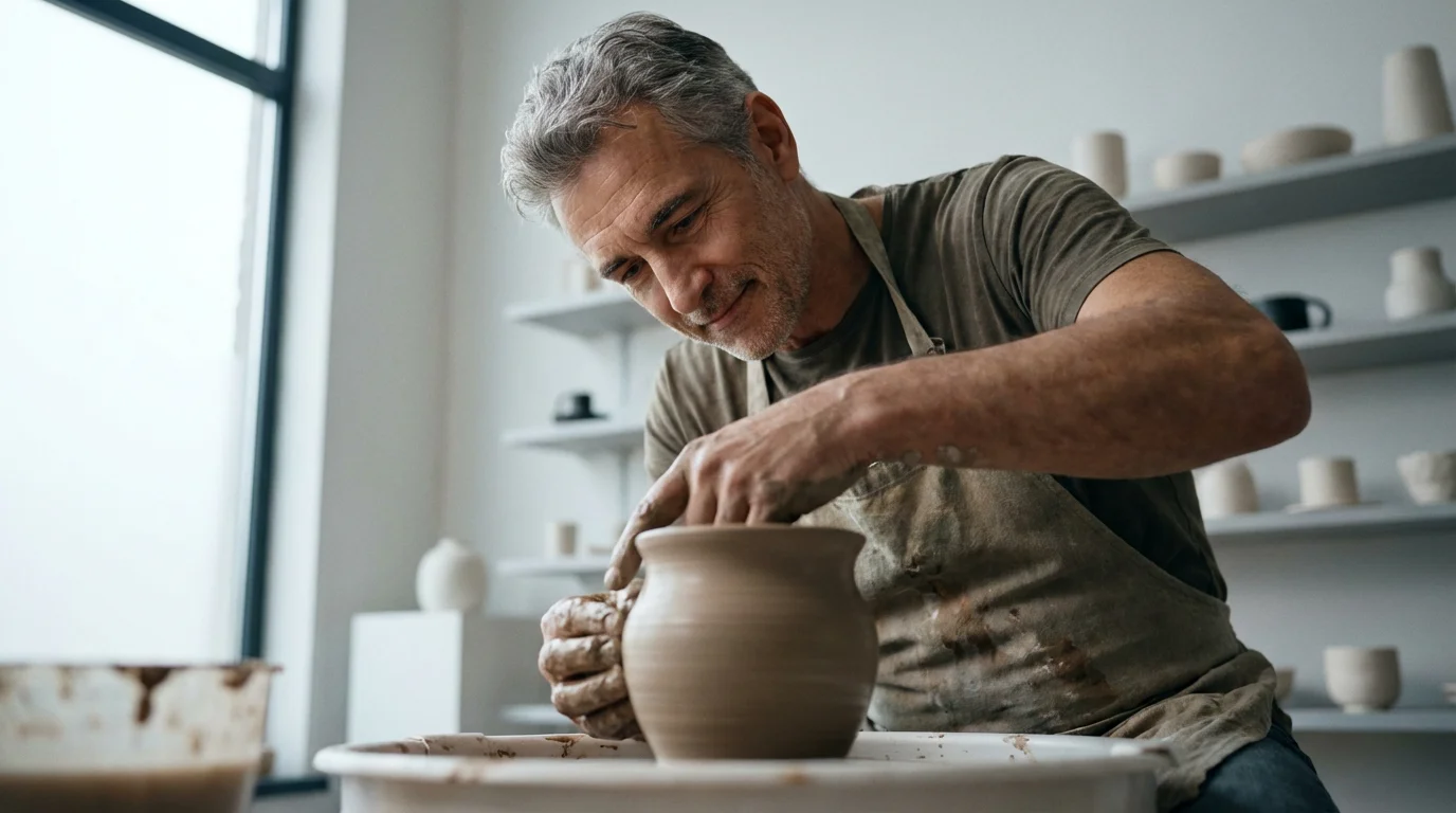Low angle view of a senior man with kind eyes shaping a clay pot.
