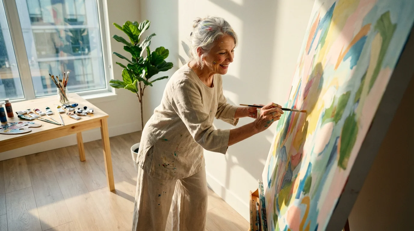 Low angle view of a senior woman enjoying painting on a canvas in her sunlit, modern home.