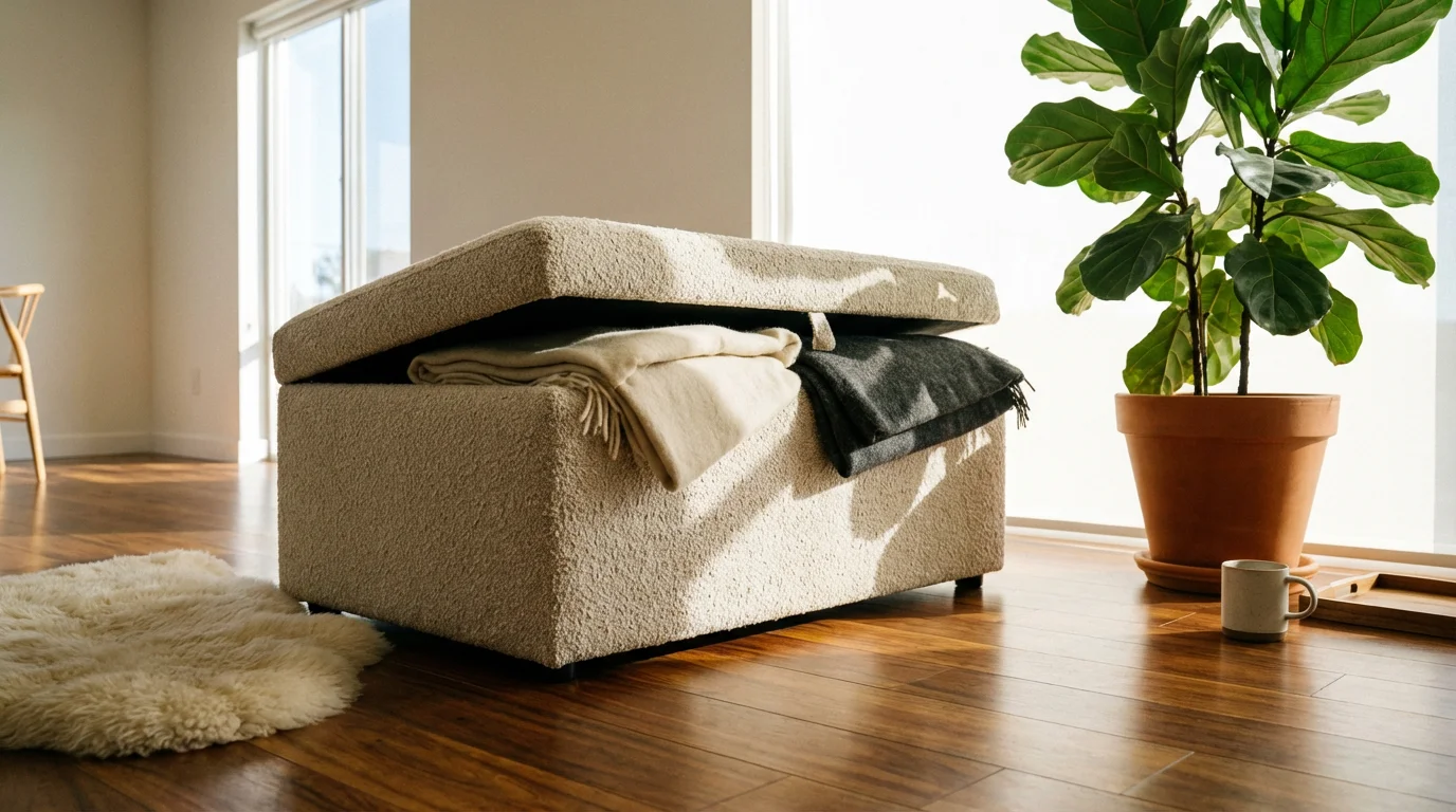 Low-angle view of a stylish storage ottoman open in a modern, sunlit living room.