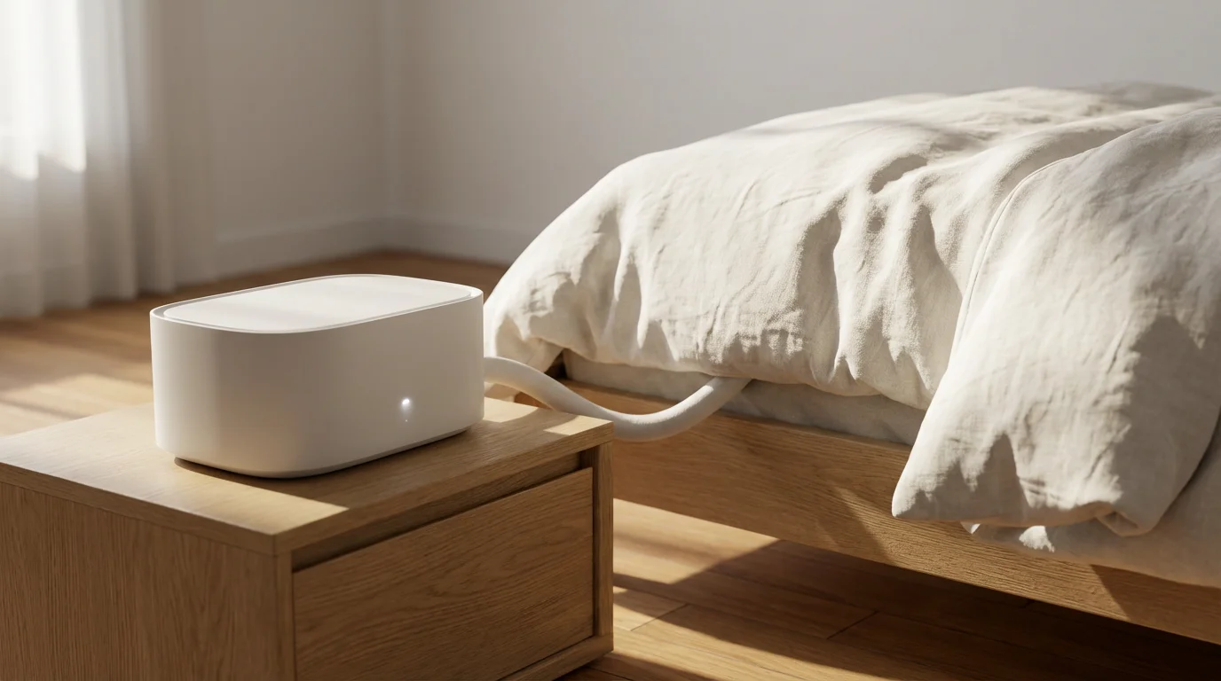 Low angle view of an advanced mattress climate control unit in a modern bedroom.