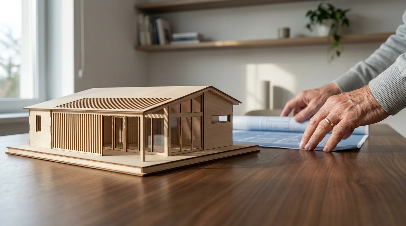 Low angle view of an architectural house model on a desk with blueprints.