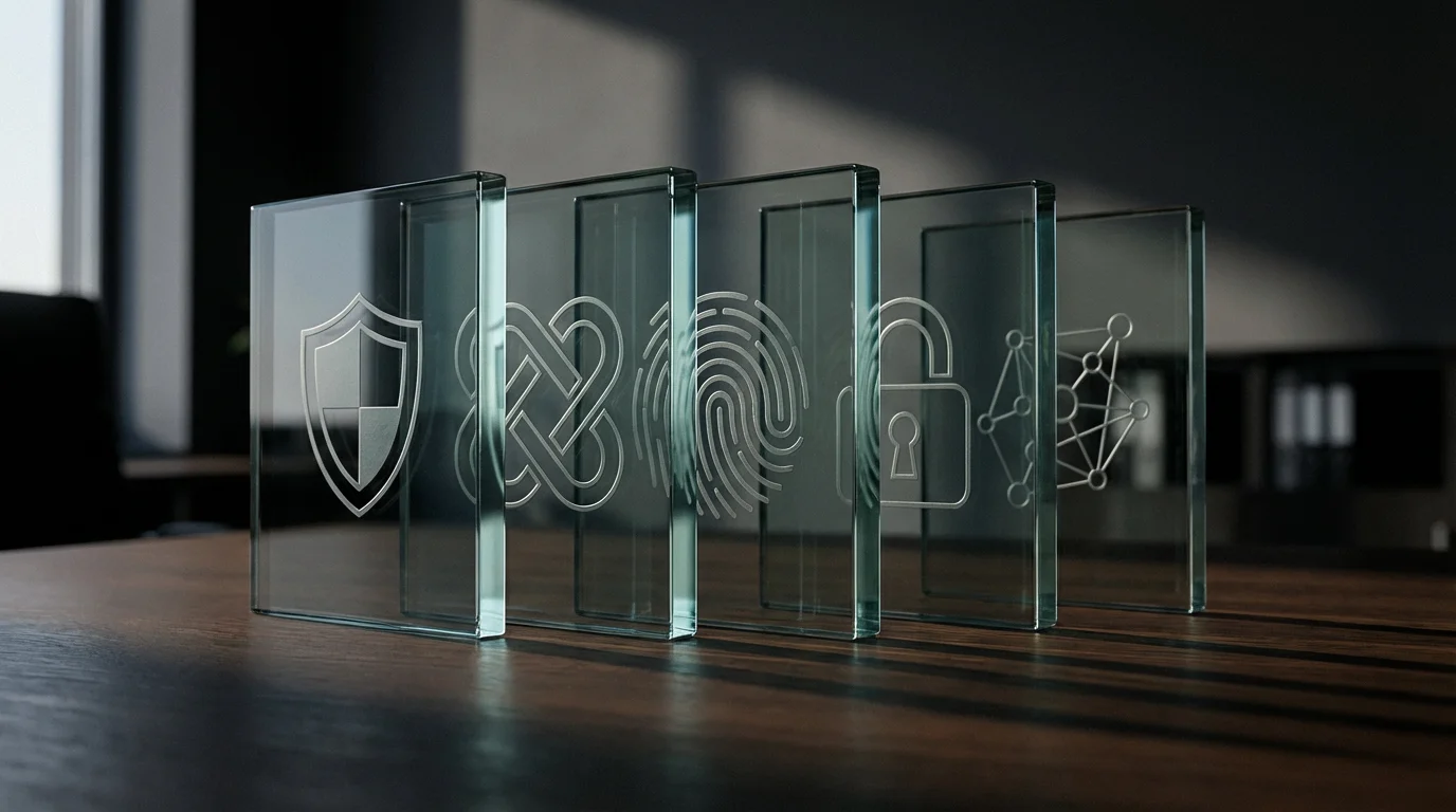 Low angle view of layered glass panes with abstract security symbols on a desk.