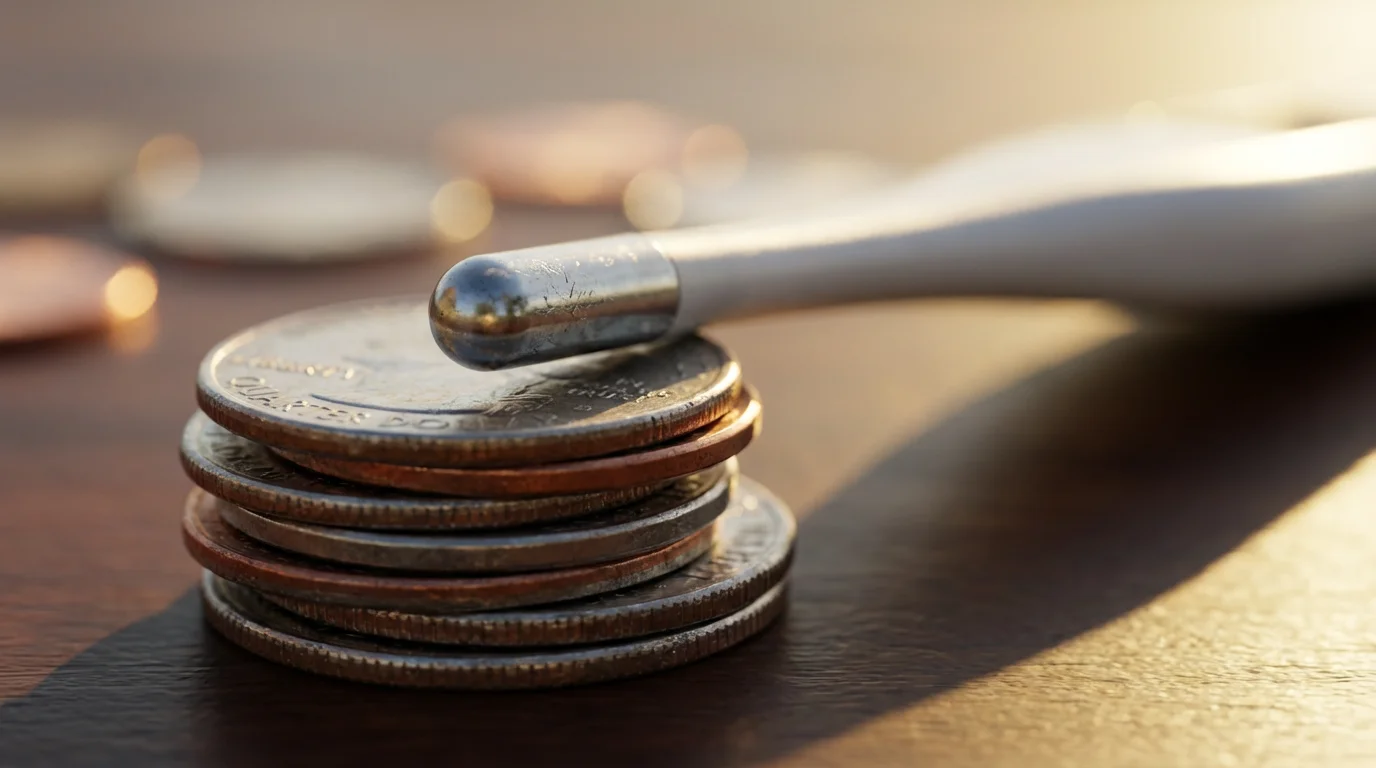 Macro photo of a digital thermometer tip resting on a stack of coins.