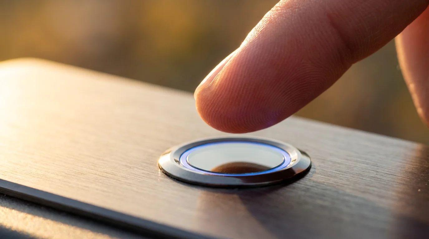 Macro photo of a finger about to touch a fingerprint scanner for digital security.