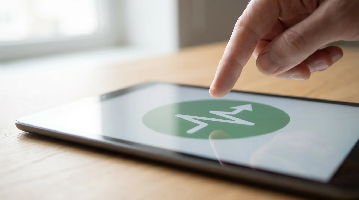 Macro photo of a finger tapping a tablet screen with a health data icon.