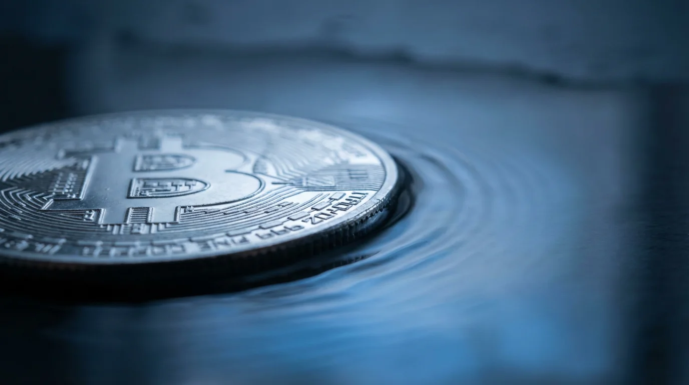 Macro photo of a silver cryptocurrency coin sinking into dark water at dusk.