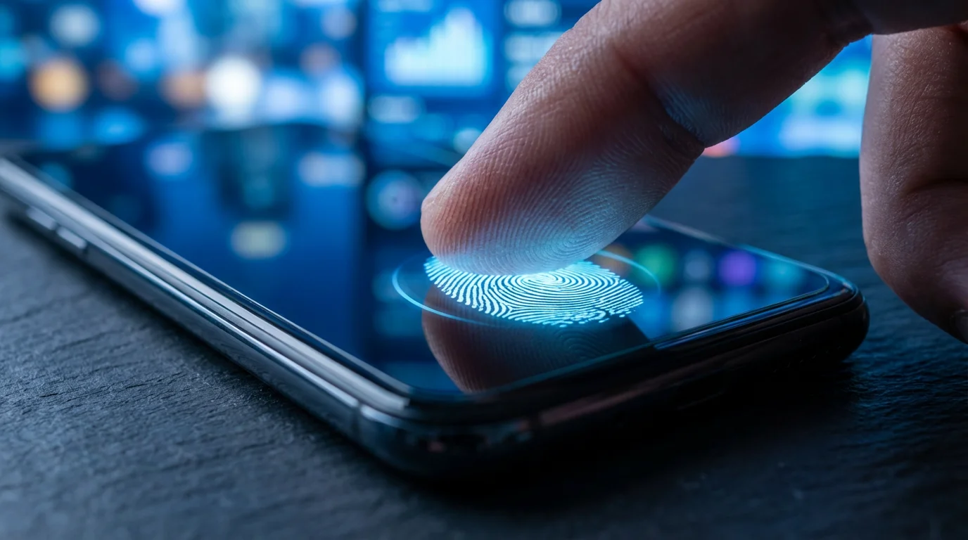 Macro photo of a thumb on a smartphone's glowing fingerprint scanner at dusk.