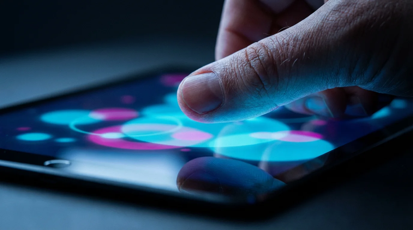 Macro photo of a thumb over a tablet screen showing abstract financial data visualizations.