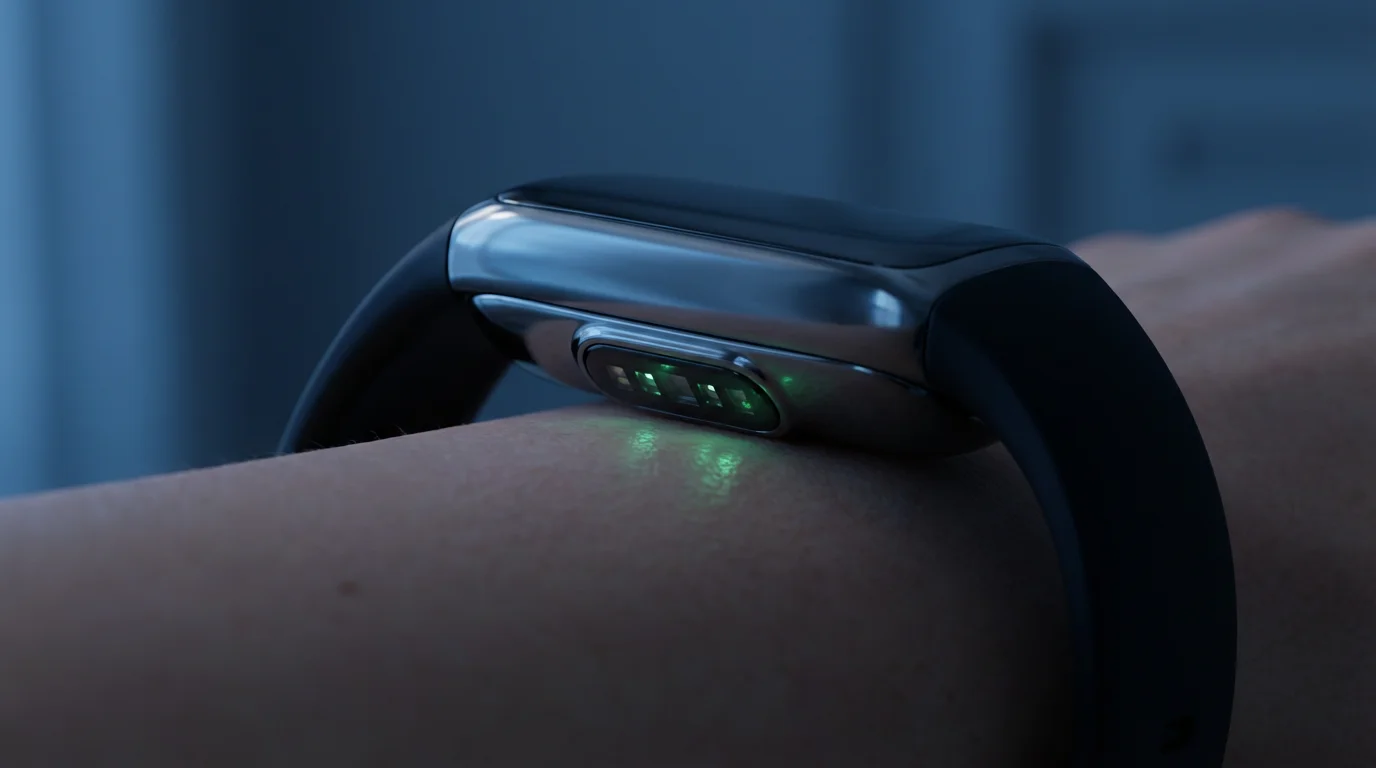 Macro photo of an activity tracker's heart rate sensor glowing green on a wrist.