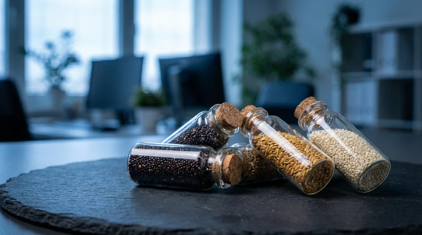 Macro photo of glass vials holding different seeds, symbolizing a diversified retirement portfolio mix.